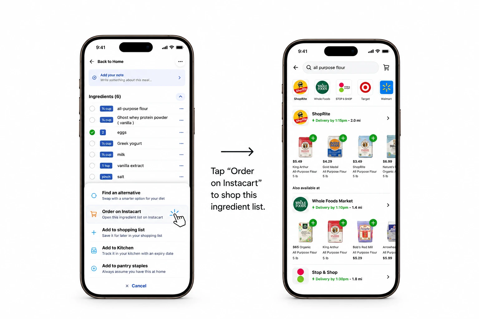 A Custrd recipe's ingredient menu with Order on Instacart selected, and the Instacart app open with that ingredient searched across nearby stores