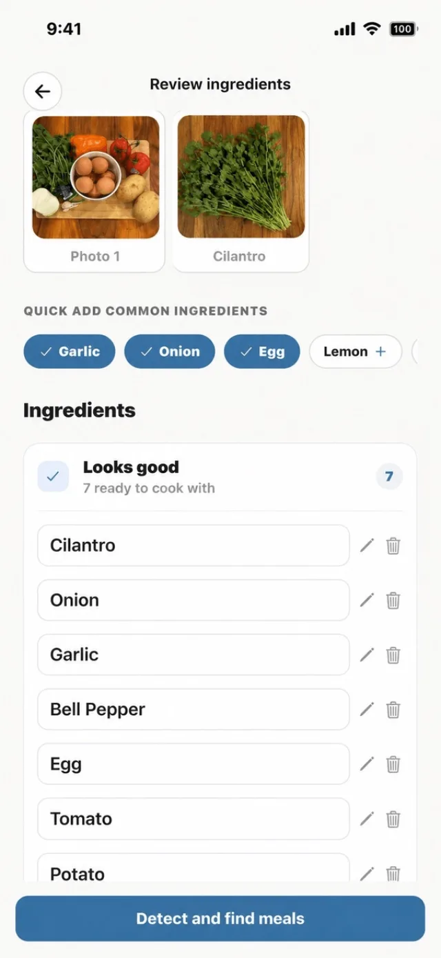 Review screen listing the detected ingredients with photos of the real ingredients above
