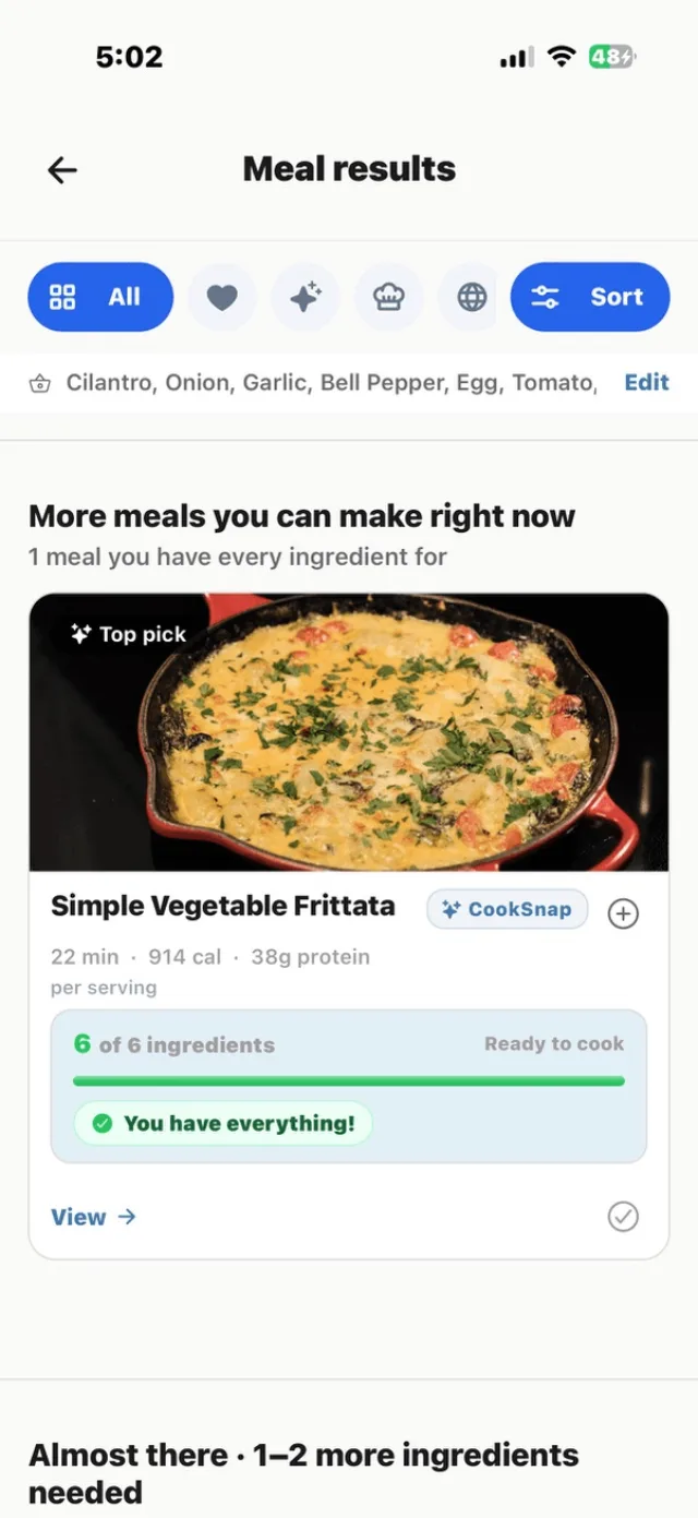 Meal results screen showing recipes ranked by ingredient match