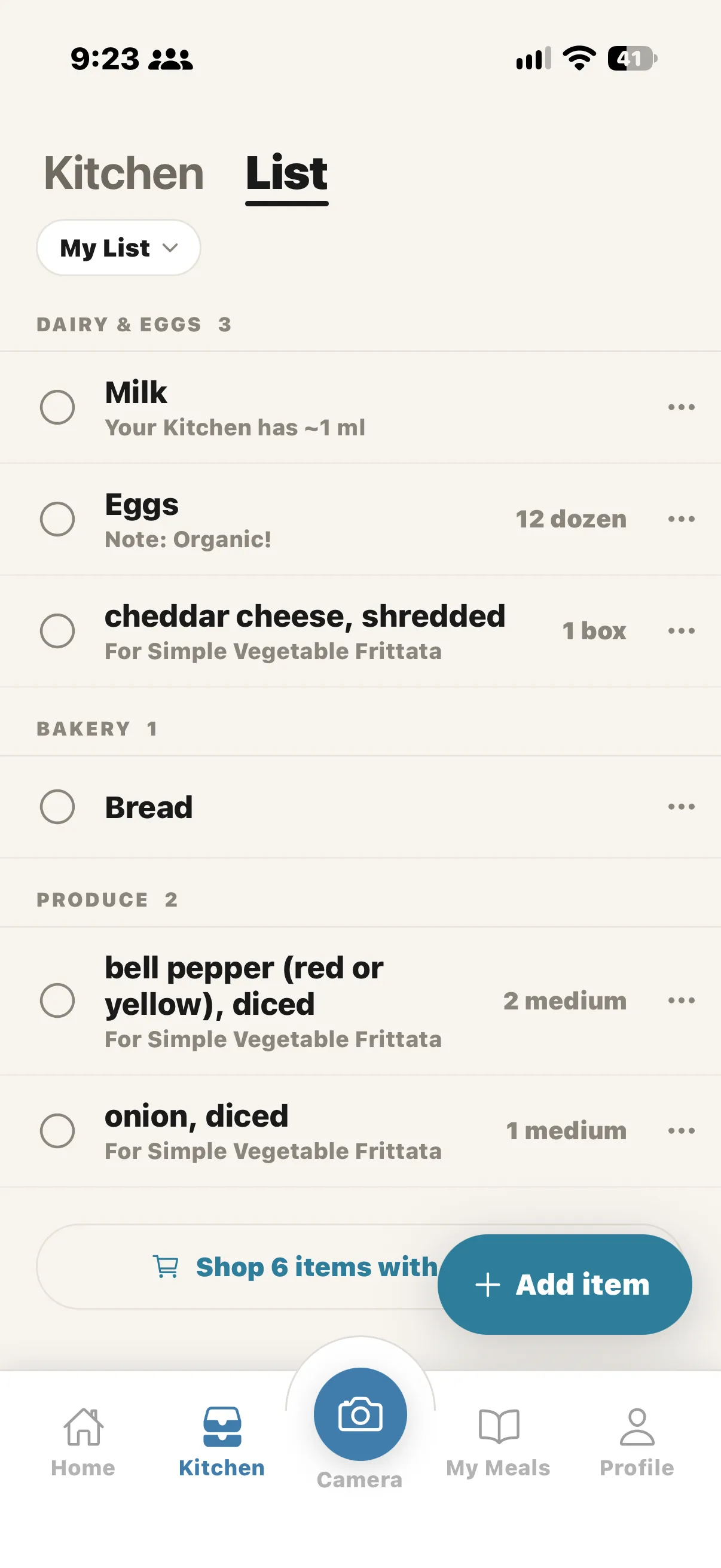 Custrd List grouped into Dairy & Eggs, Bakery and Produce, with milk showing the kitchen already has about 1 ml and several items tagged for Simple Vegetable Frittata