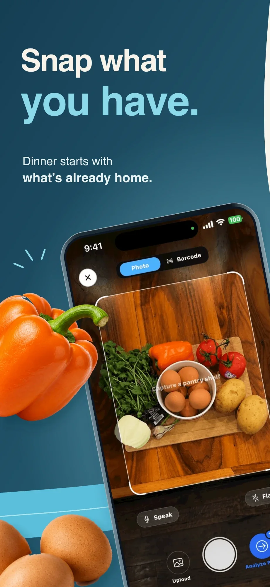Snap what you have. Dinner starts with what's already home. The Custrd camera pointed at a cutting board of fresh ingredients.