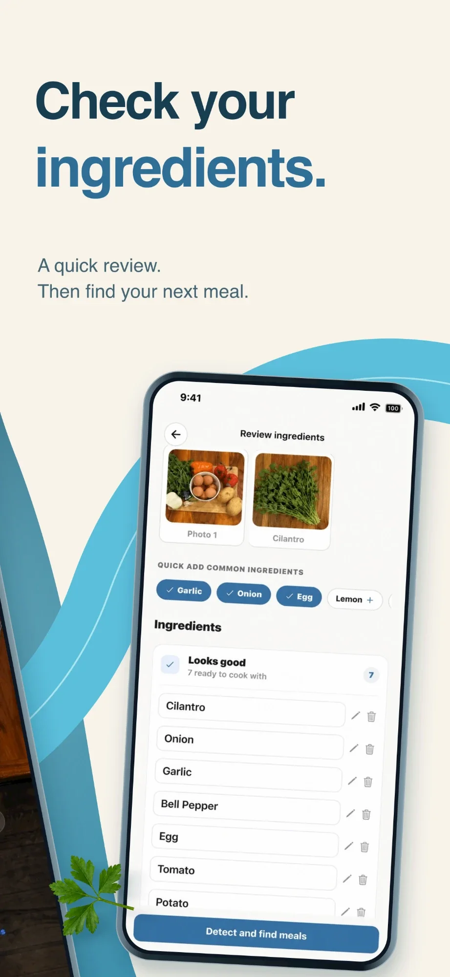 Check your ingredients. A quick review, then find your next meal. The Custrd review screen listing the detected ingredients.