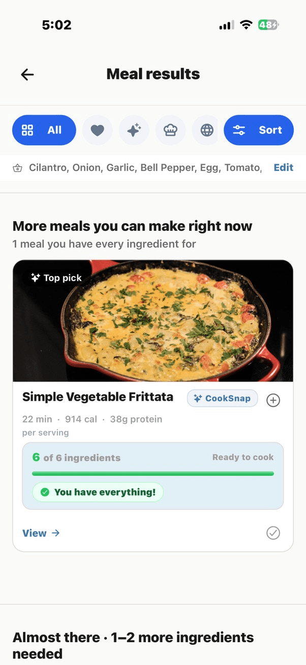 CookSnap matched recipe results screen