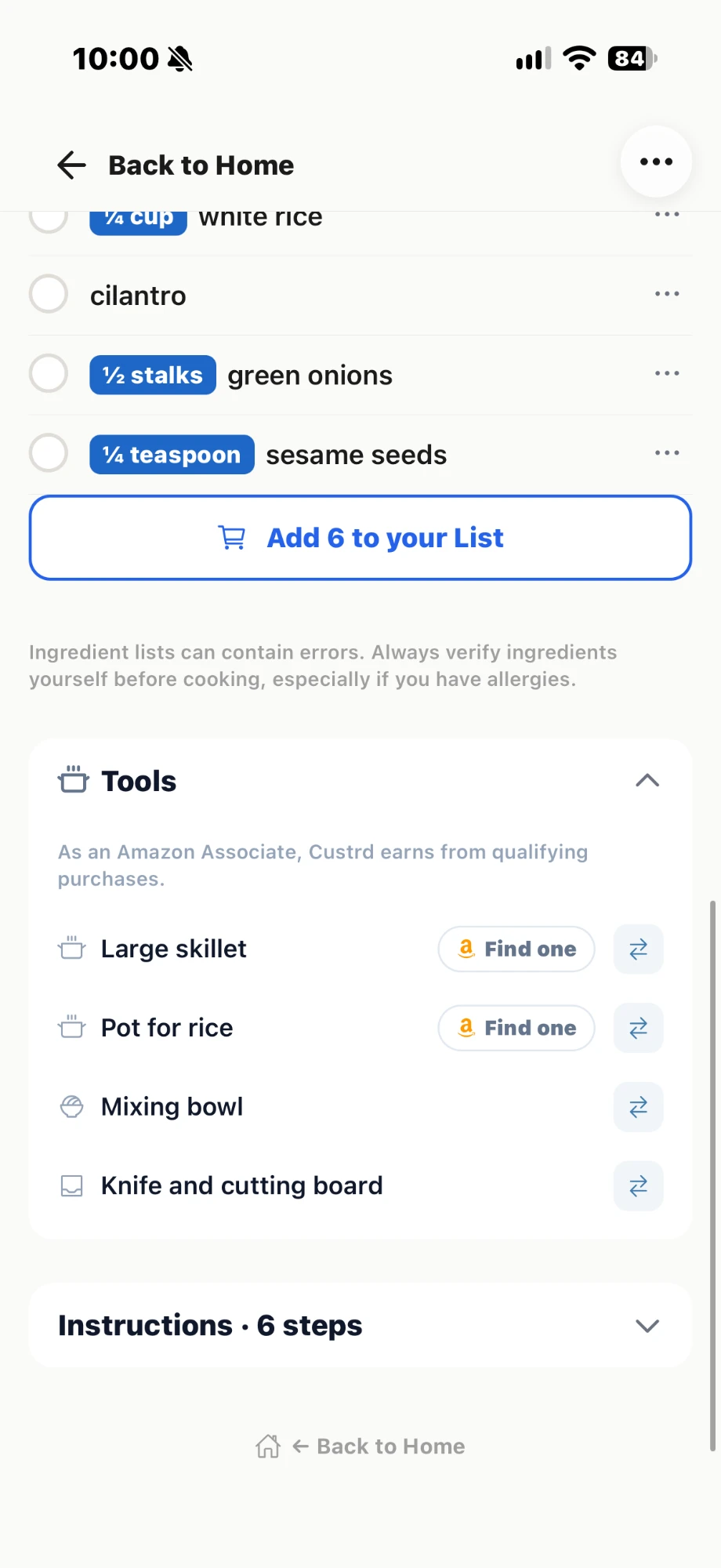A Custrd recipe's Tools card listing Large skillet and Pot for rice, each with a Find one button, plus Mixing bowl and Knife and cutting board — with the Amazon Associates disclosure above the list